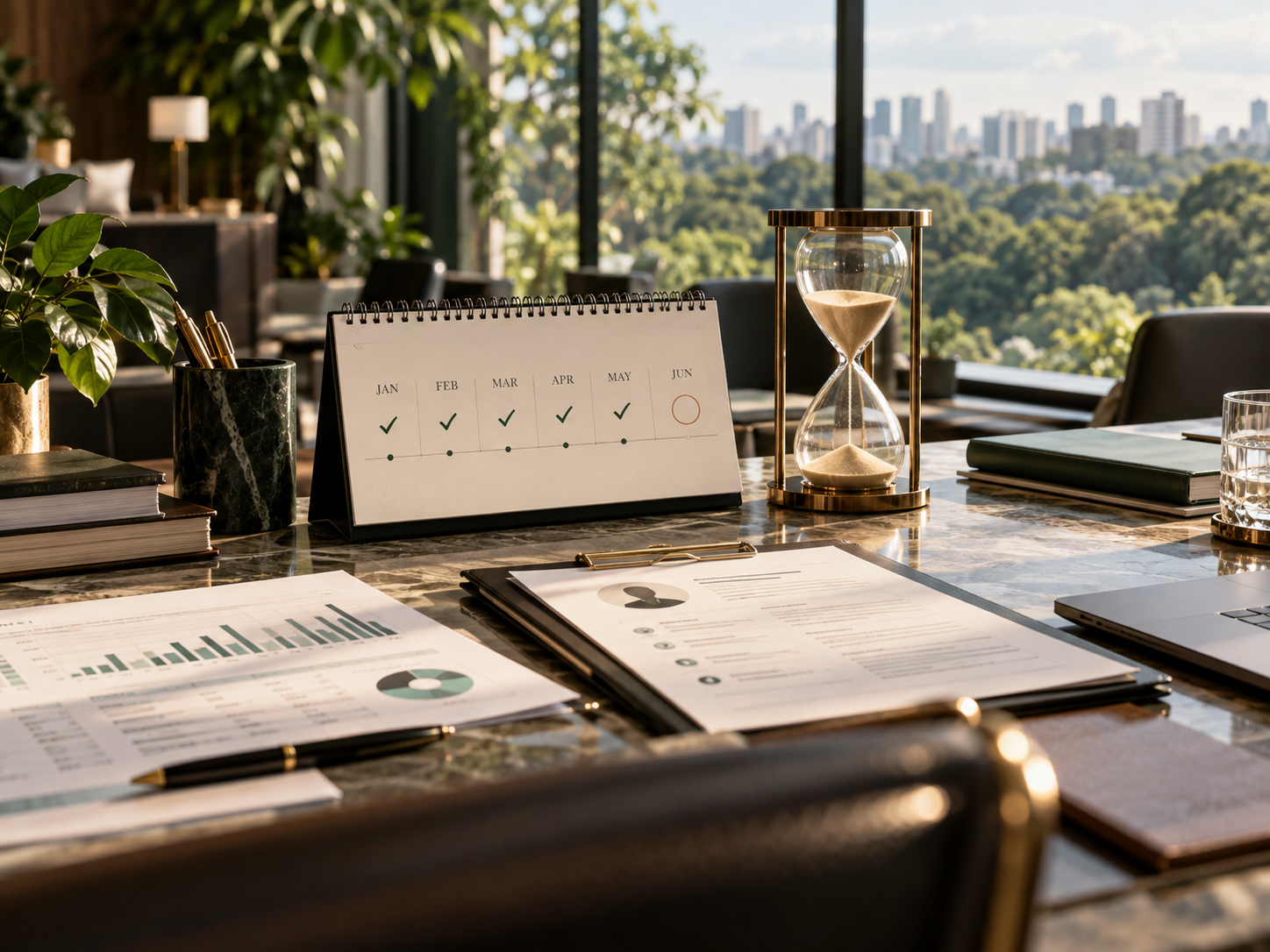 A desk calendar marking six months beside an hourglass and finance reports in a sunlit office.