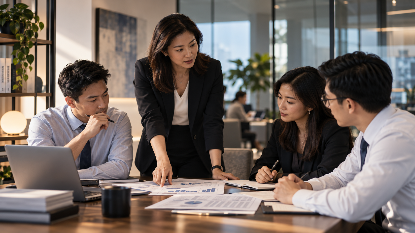 Finance team discussing reports in a modern office.