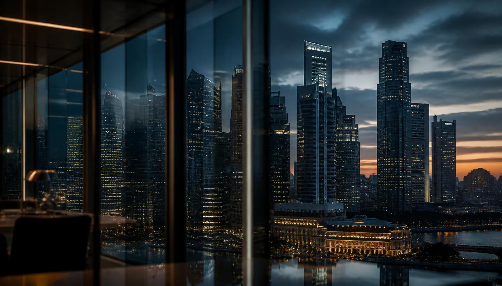 Singapore central business district skyline at dusk seen from a modern office interior