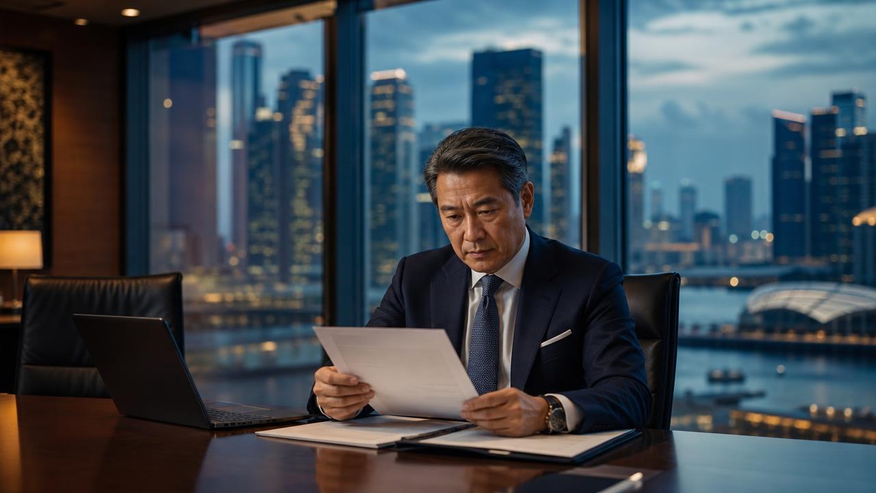 Senior finance executive reviewing documents in a Singapore boardroom at dusk