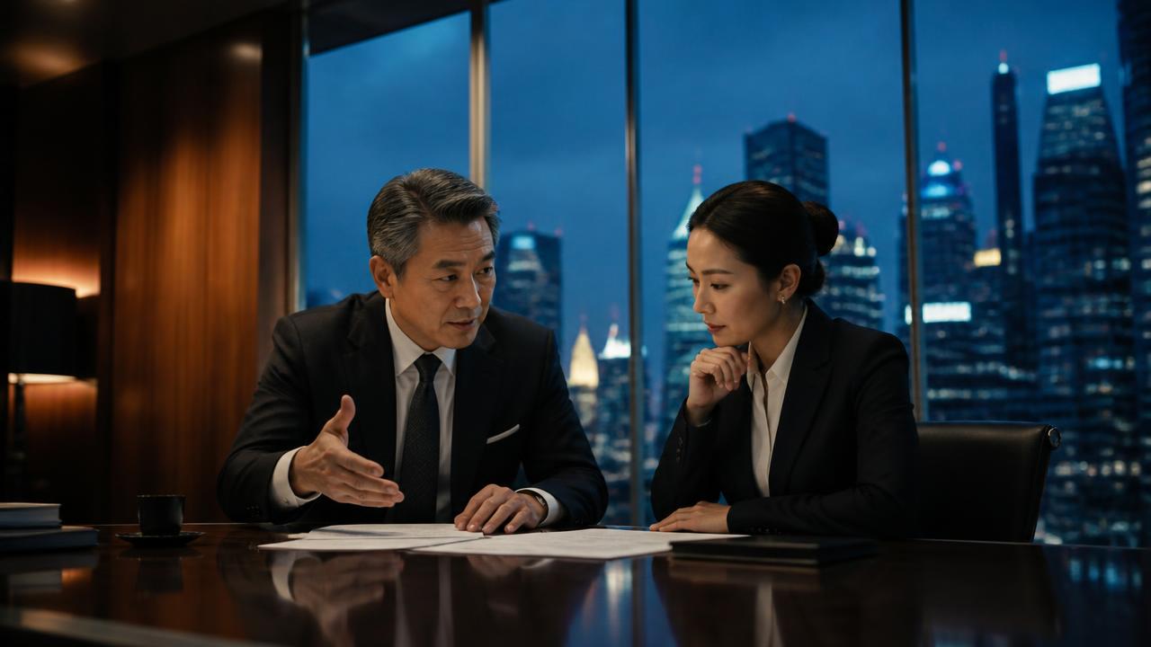 Two senior finance leaders reviewing a shortlist in a Singapore boardroom at dusk