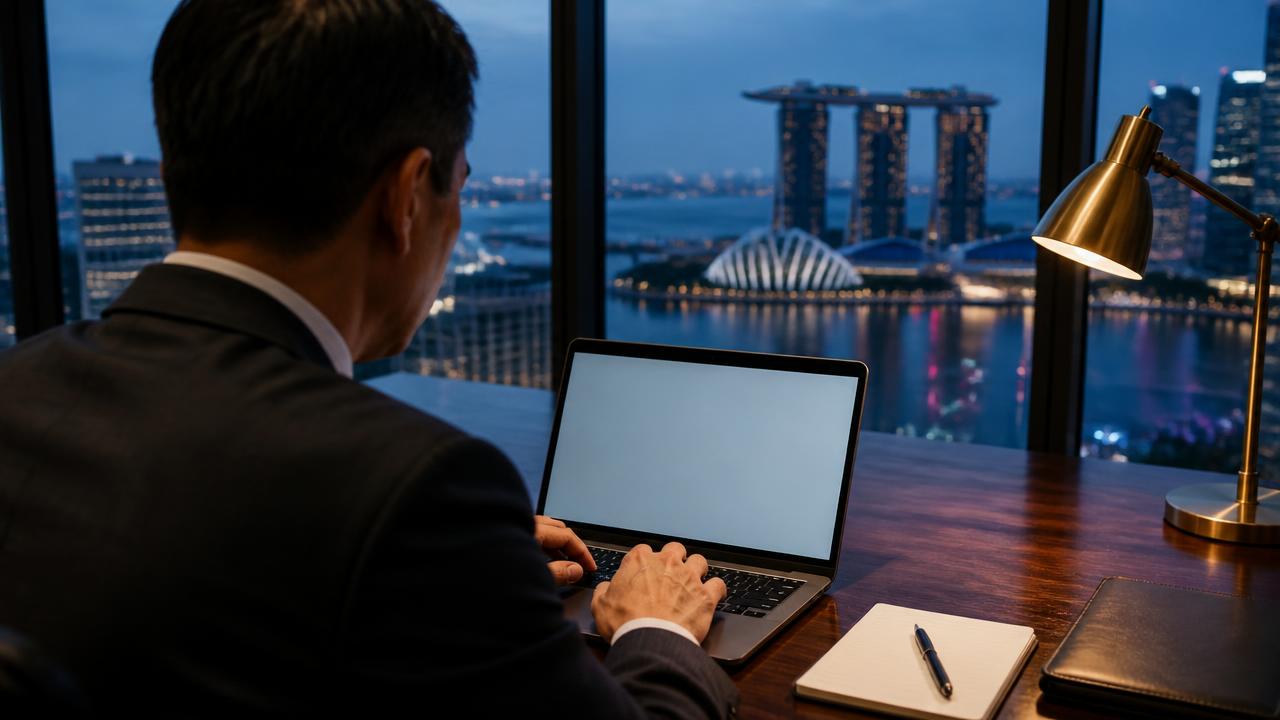 Hiring manager drafting a finance role brief overlooking Marina Bay at dusk