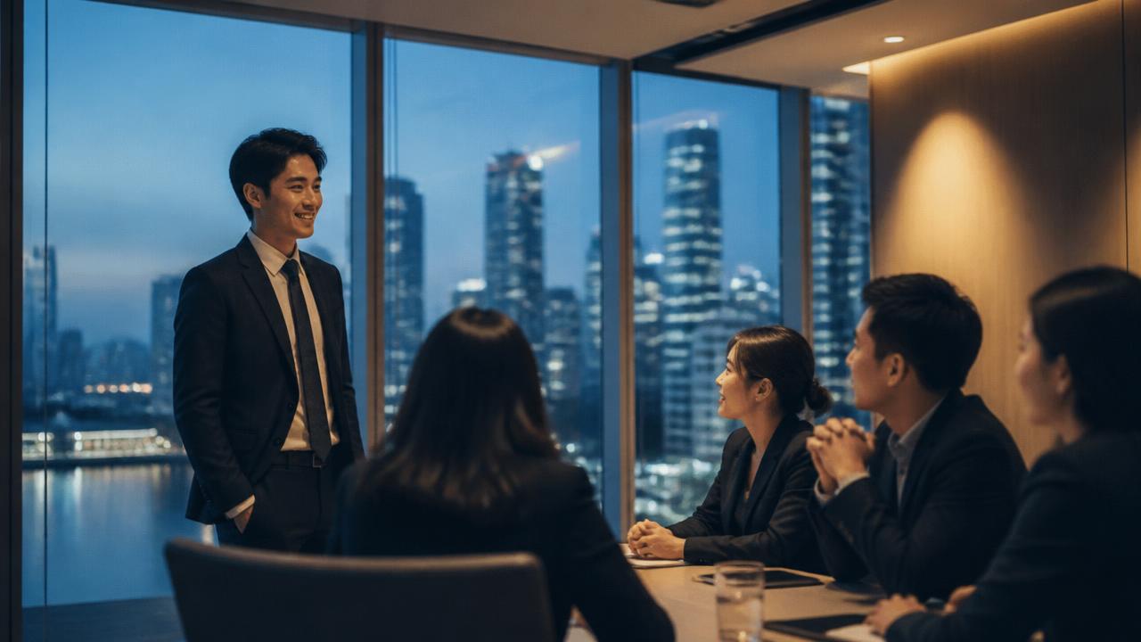 A new finance hire being introduced to their team in a Singapore boardroom at dusk