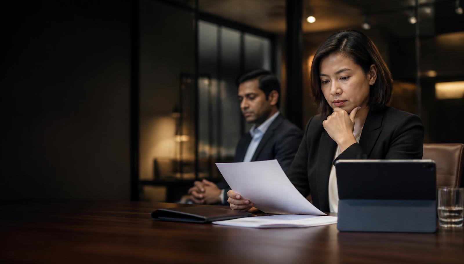 A finance hiring leader reviewing a candidate profile in a modern Singapore office meeting room