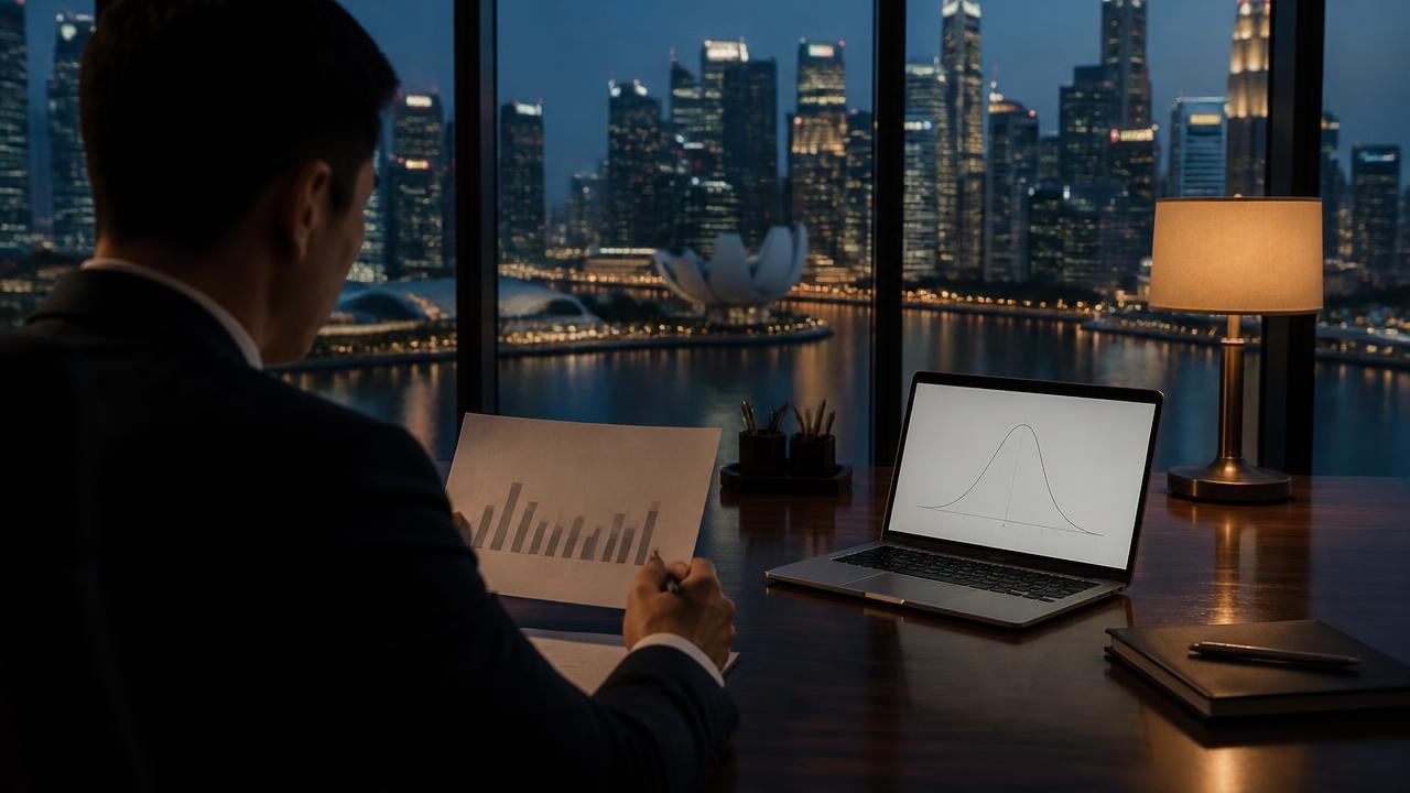 Finance professional reviewing a salary distribution chart against the Singapore skyline