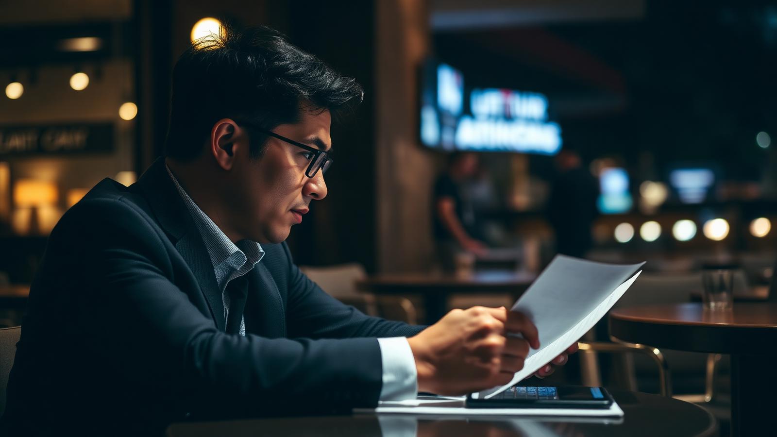 A finance professional reviewing an offer letter at a cafe table near the Singapore CBD in the evening